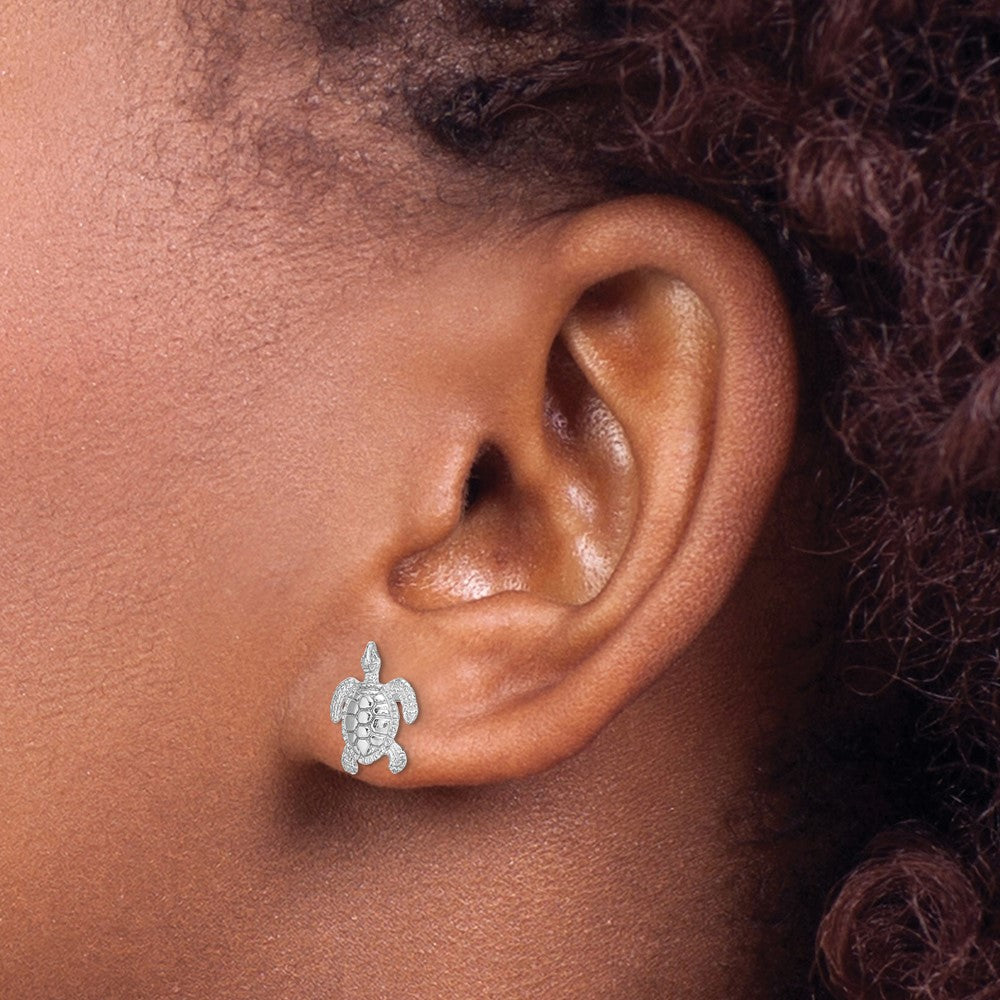 14K White Gold Polished Textured Sea Turtle Post Earrings