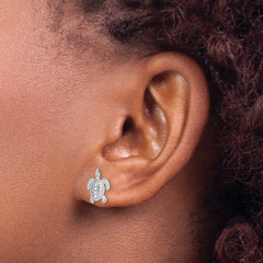 14K White Gold Polished Textured Sea Turtle Post Earrings