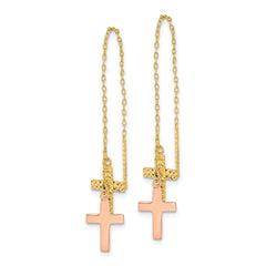 14K Yellow & Rose Gold Diamond-cut Polished Crosses Threader Earrings