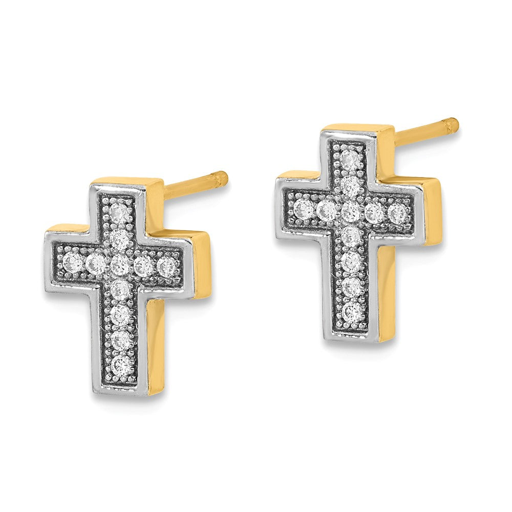 14K Two-Tone Gold Micro Pave CZ Cross Post Earrings