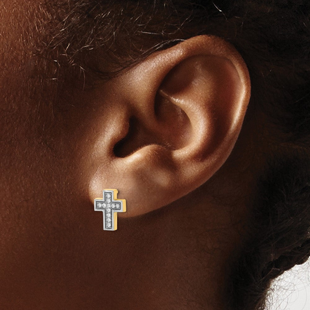 14K Two-Tone Gold Micro Pave CZ Cross Post Earrings