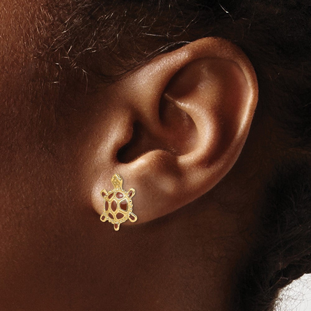 14K Yellow Gold Sea Turtle Spiny Brown Enamel Shell Earrings