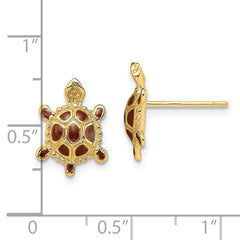 14K Yellow Gold Sea Turtle Spiny Brown Enamel Shell Earrings