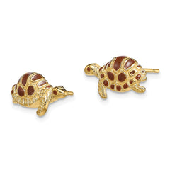 14K Yellow Gold Brown Enamel Turtle Post Earrings