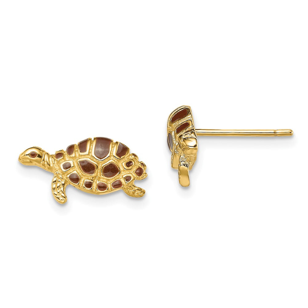 14K Yellow Gold Brown Enamel Turtle Post Earrings