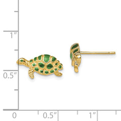 14K Yellow Gold Green Enamel Turtle Post Earrings