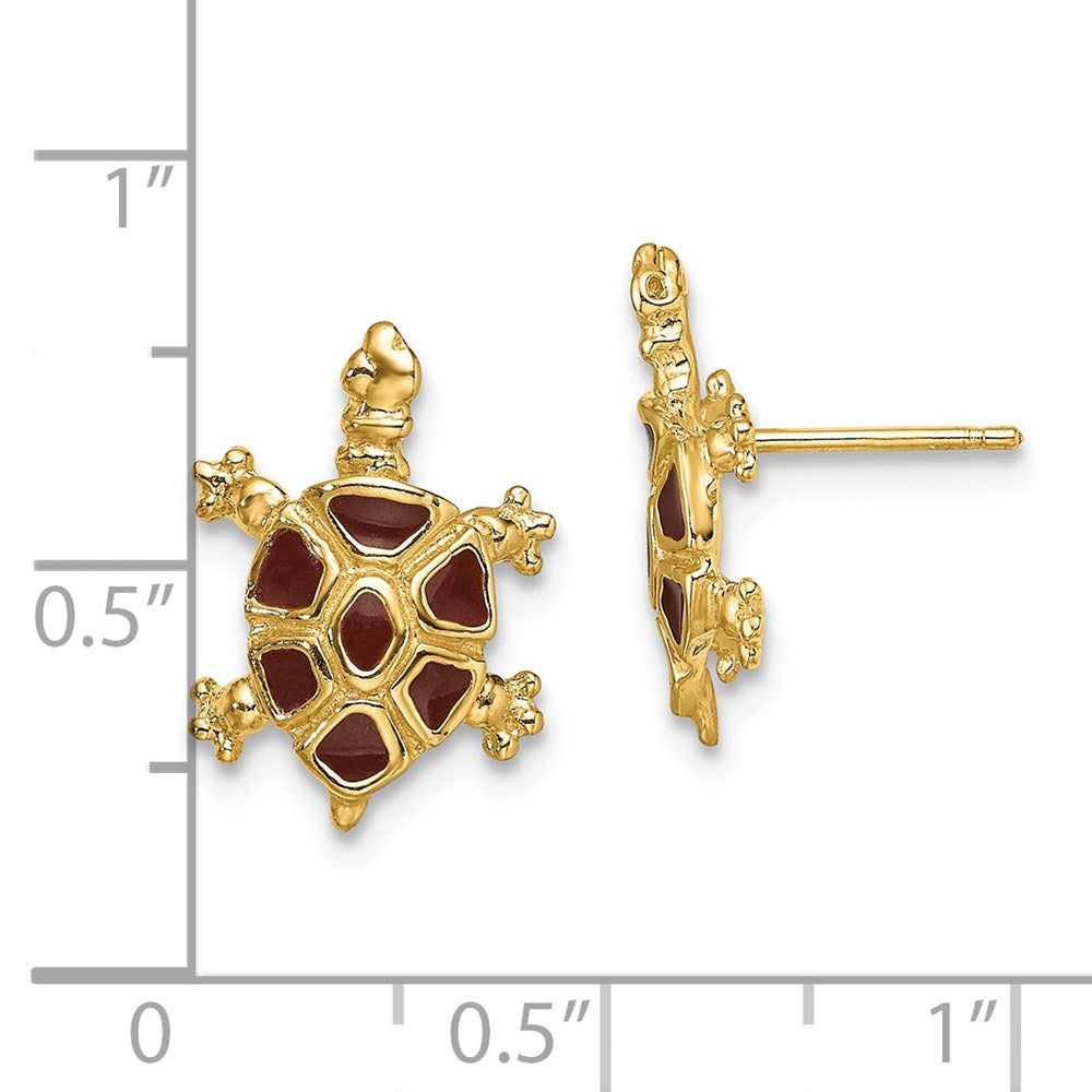 14K Yellow Gold Brown Enamel Tortoise Post Earrings
