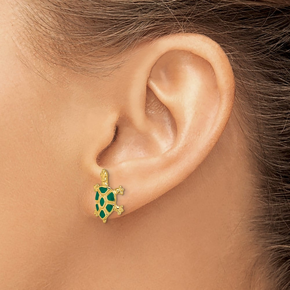 14K Yellow Gold Land Turtle with Green Enamel Shell Earrings