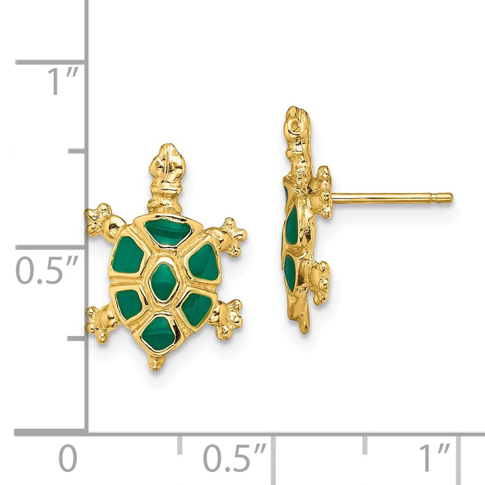 14K Yellow Gold Land Turtle with Green Enamel Shell Earrings