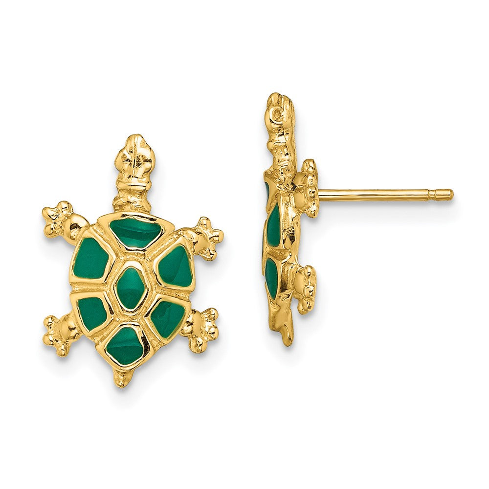 14K Yellow Gold Land Turtle with Green Enamel Shell Earrings