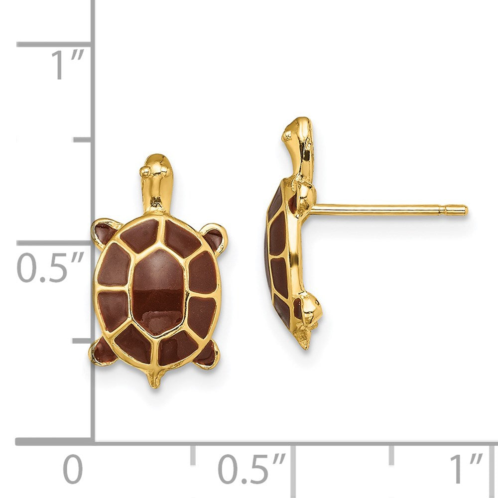 14K Yellow Gold Brown Enamel Sea Turtle Post Earrings