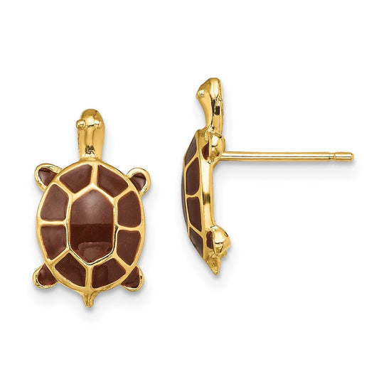 14K Yellow Gold Brown Enamel Sea Turtle Post Earrings