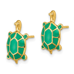 14K Yellow Gold Land Turtle with Green Enamel Shell Earrings