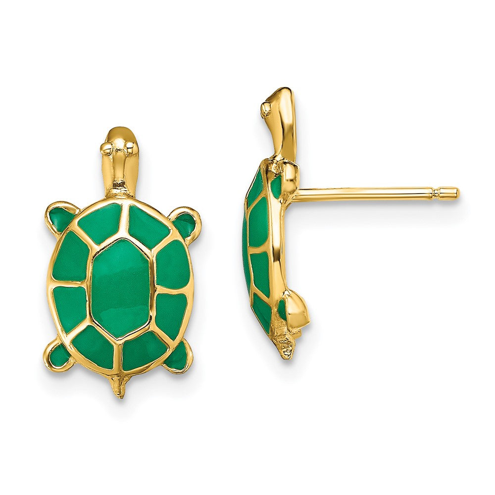 14K Yellow Gold Land Turtle with Green Enamel Shell Earrings