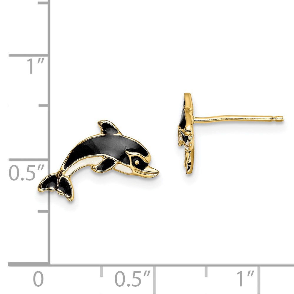 14K Yellow Gold White and Black Enamel Dolphin Post Earrings
