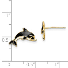 14K Yellow Gold White and Black Enamel Dolphin Post Earrings