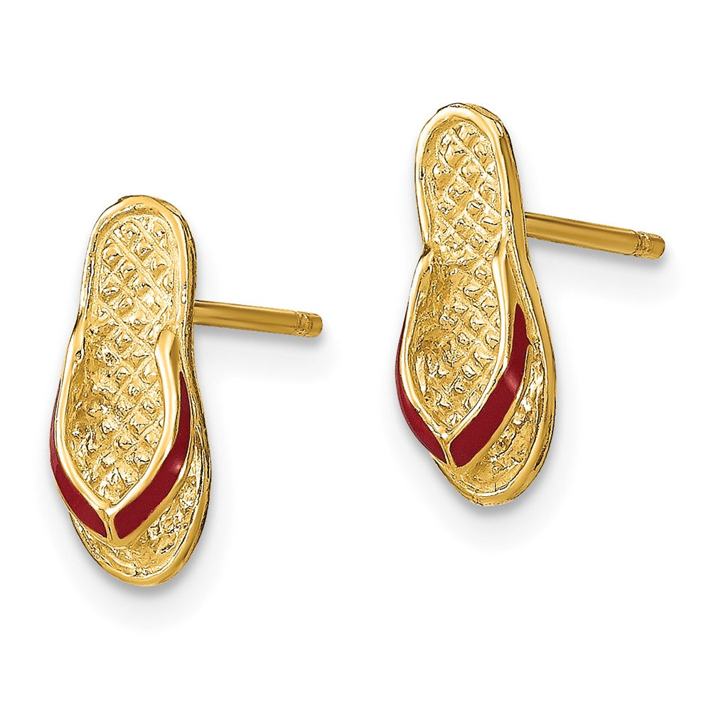 14K Yellow Gold 3D with Fuschia Enamel Single Flip-Flop Post Earrings