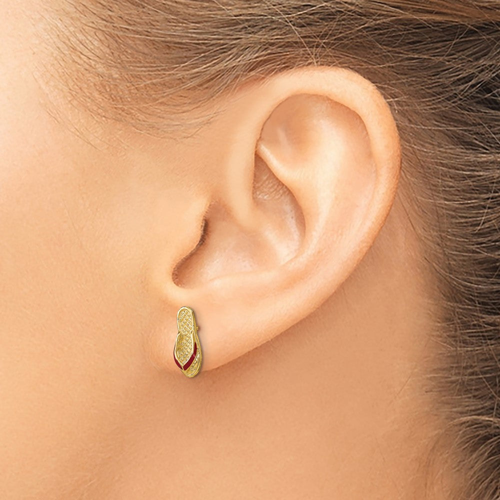 14K Yellow Gold 3D with Fuschia Enamel Single Flip-Flop Post Earrings