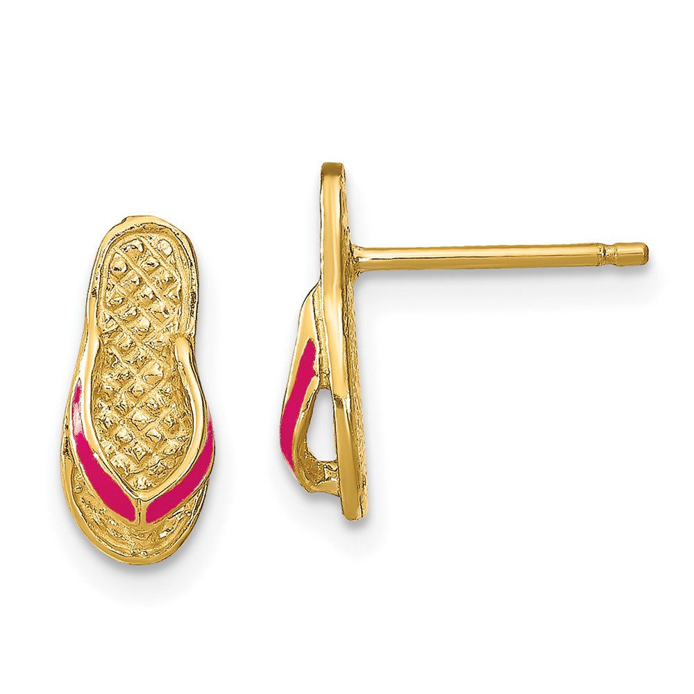 14K Yellow Gold 3D with Fuschia Enamel Single Flip-Flop Post Earrings