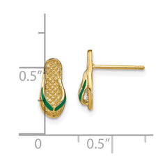 14K Yellow Gold 3D with Green Enamel Flip-Flop Earrings