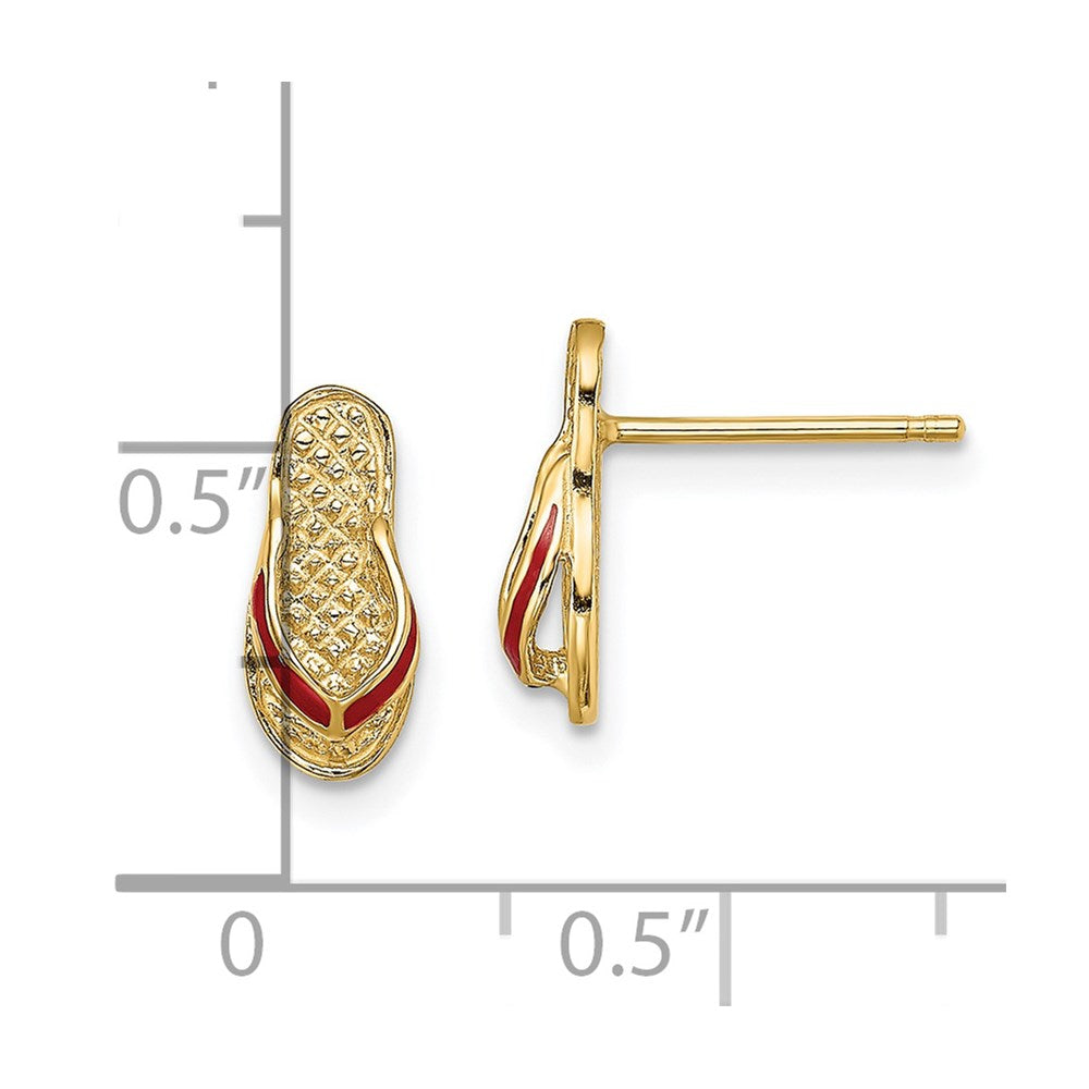 14K Yellow Gold 3D Red Enamel Flip-Flop Post Earrings