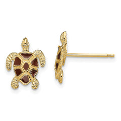 14K Yellow Gold Sea Turtle with Brown Enamel Shell Textured Post Earrings