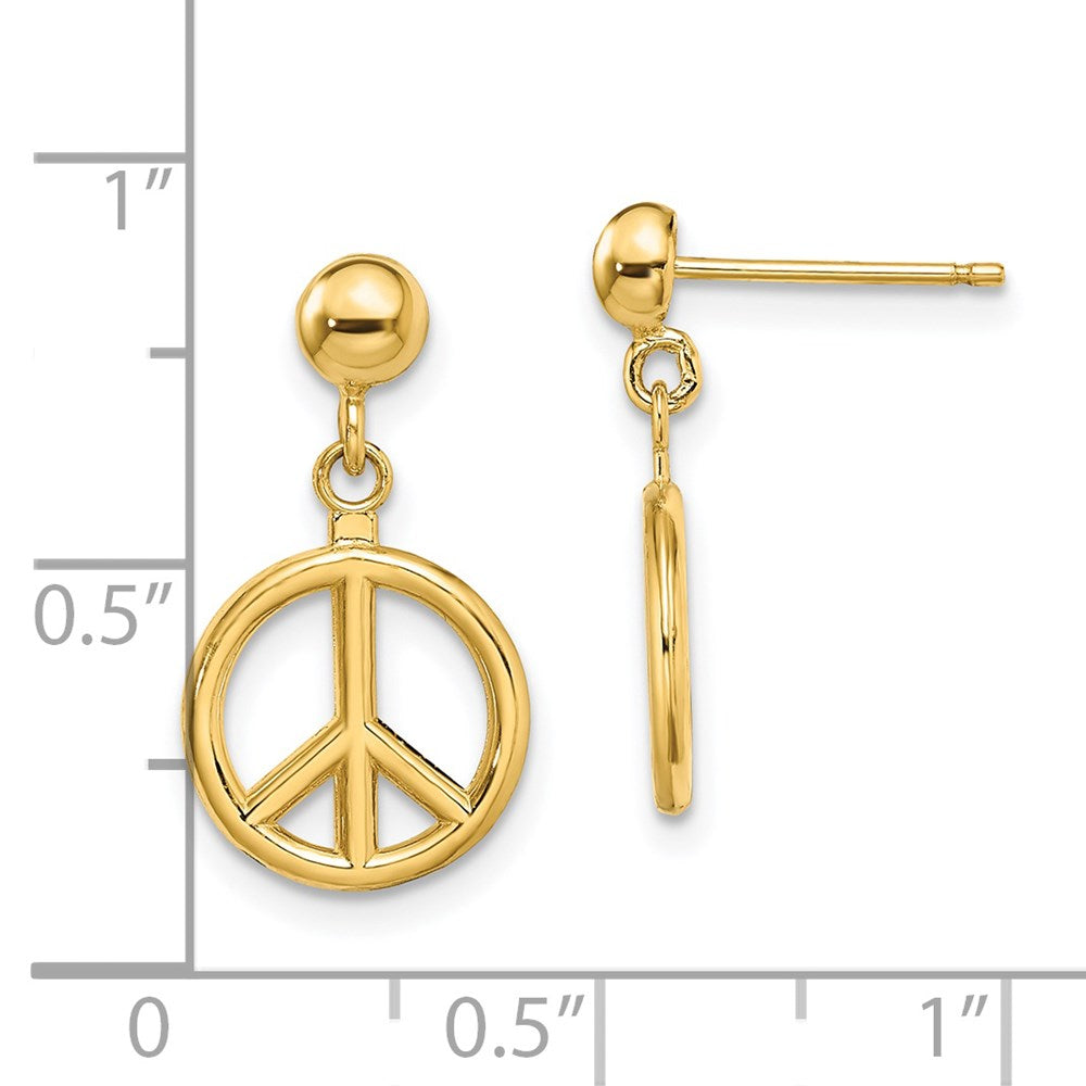 14K Yellow Gold 3D Polished Peace Symbol Dangle Earrings