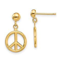 14K Yellow Gold 3D Polished Peace Symbol Dangle Earrings