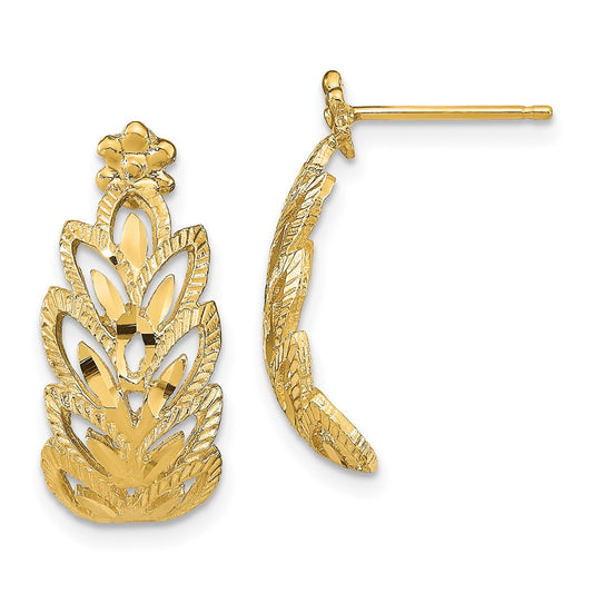 14K Yellow Gold Diamond-cut Leaf Pattern Post Earrings