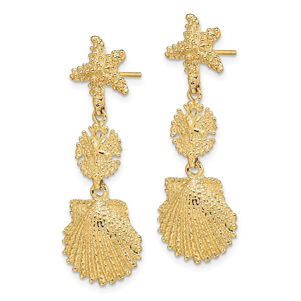 14K Yellow Gold Starfish, Sand Dollar & Scallop Shell Dangle Earrings