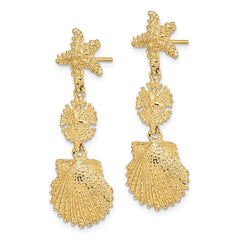 14K Yellow Gold Starfish, Sand Dollar & Scallop Shell Dangle Earrings