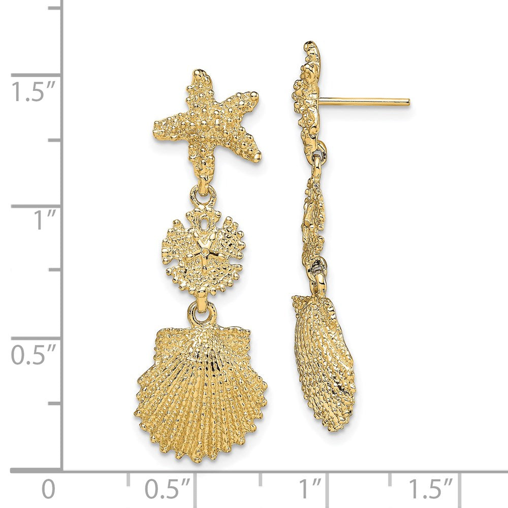 14K Yellow Gold Starfish, Sand Dollar & Scallop Shell Dangle Earrings
