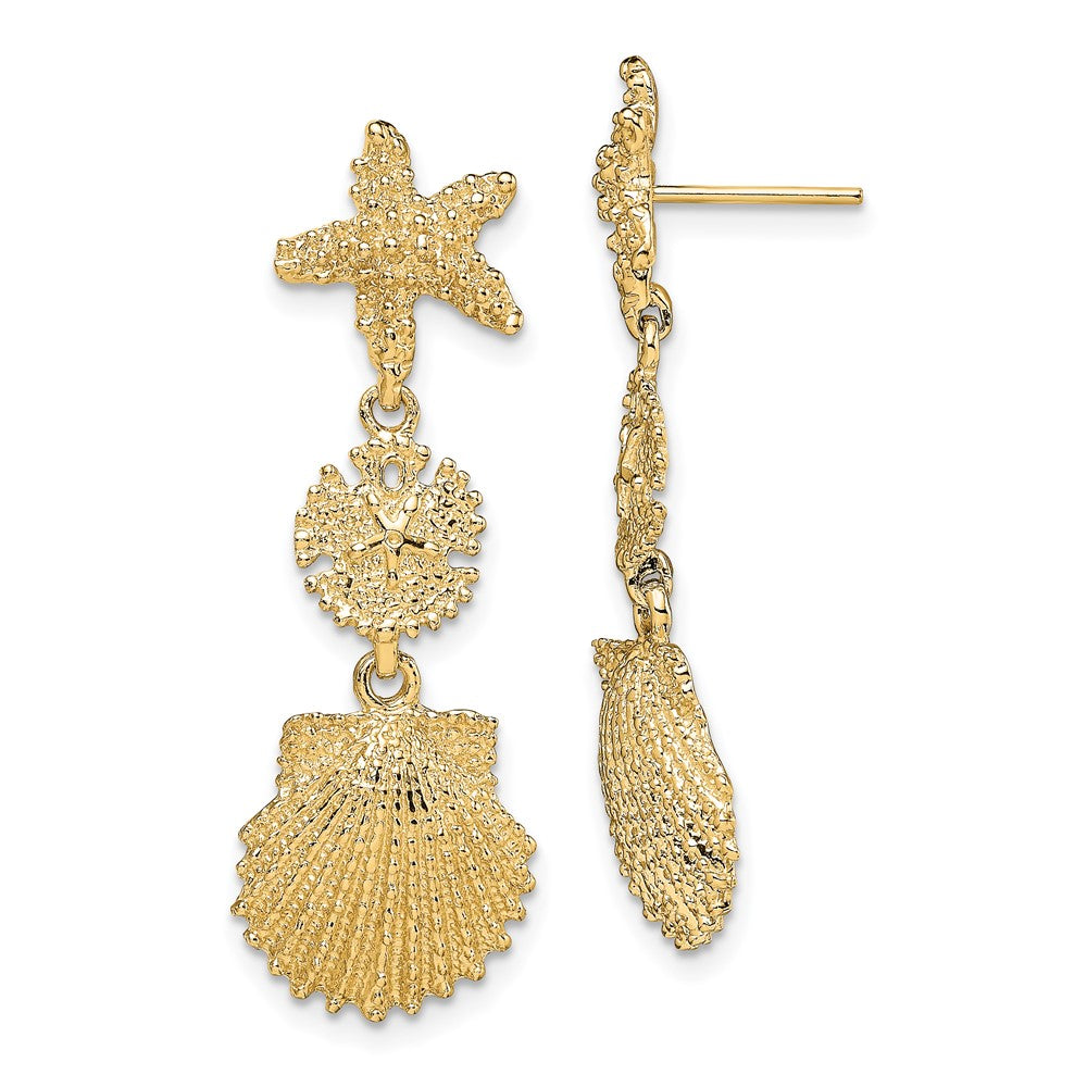 14K Yellow Gold Starfish, Sand Dollar & Scallop Shell Dangle Earrings