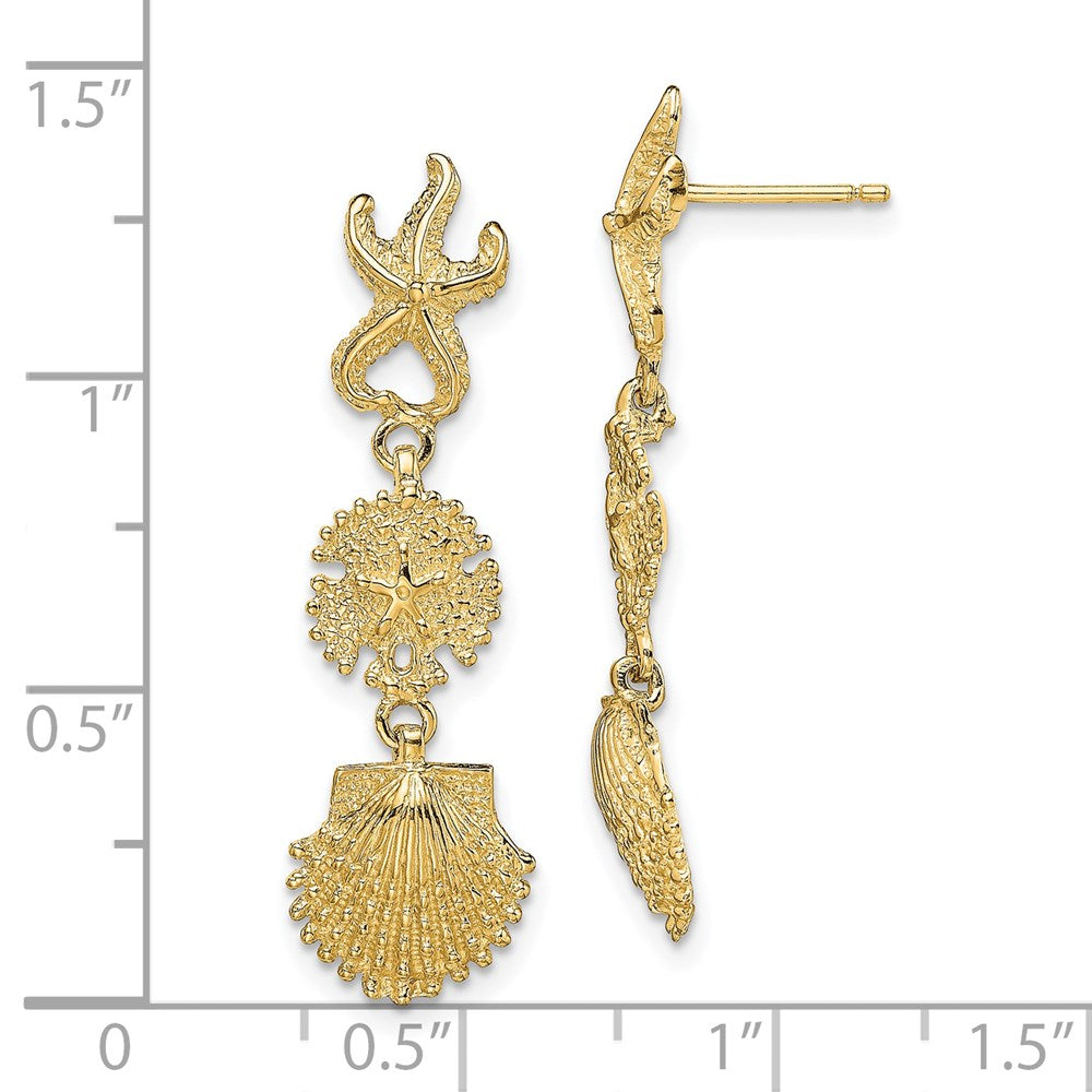 14K Yellow Gold Starfish, Sand Dollar & Scallop Shell Dangle Earrings