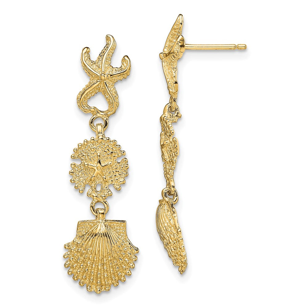 14K Yellow Gold Starfish, Sand Dollar & Scallop Shell Dangle Earrings