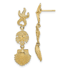 14K Yellow Gold Starfish, Sand Dollar & Scallop Shell Dangle Earrings