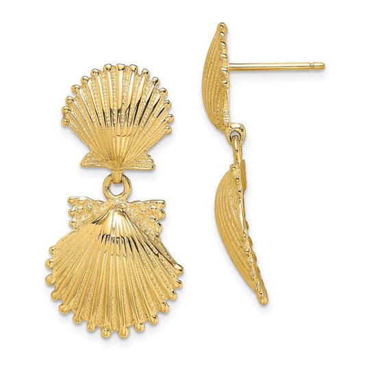 14K Yellow Gold Double Scallop Shell Dangle Earrings