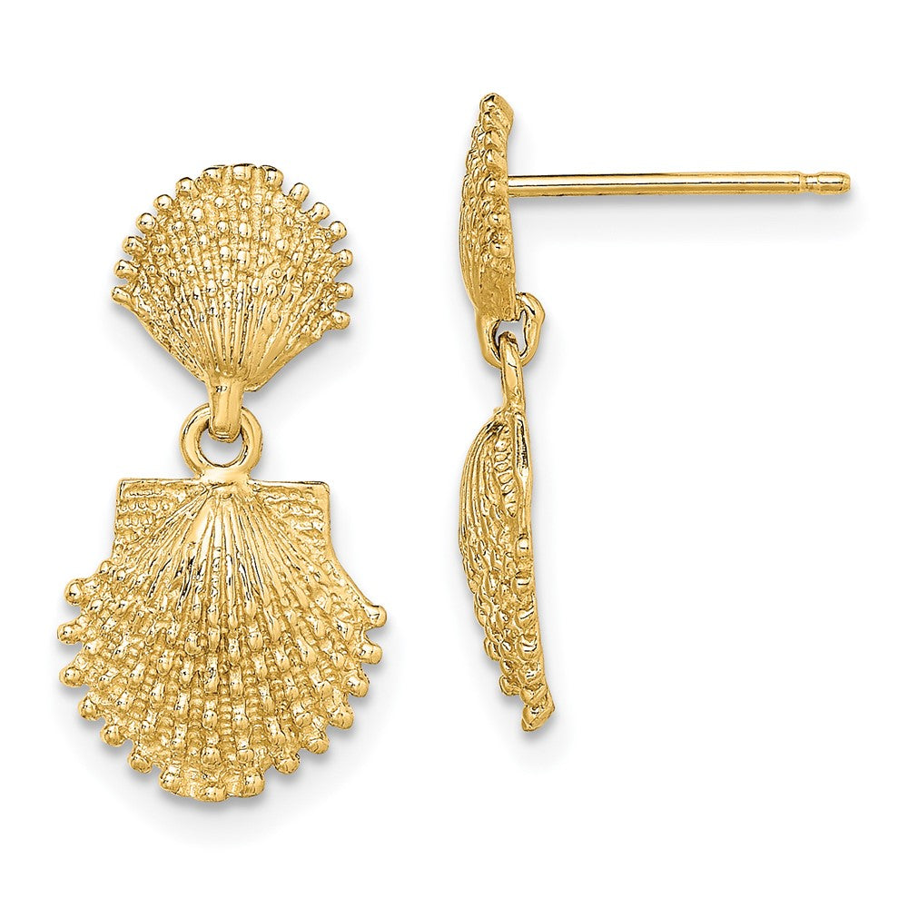 14K Yellow Gold Double Beaded Scallop Shell Dangle Earrings