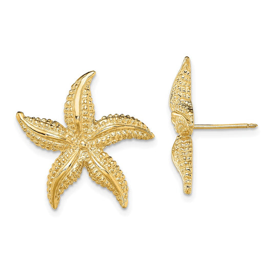 14K Yellow Gold 2D Polished and Textured Starfish Post Earrings
