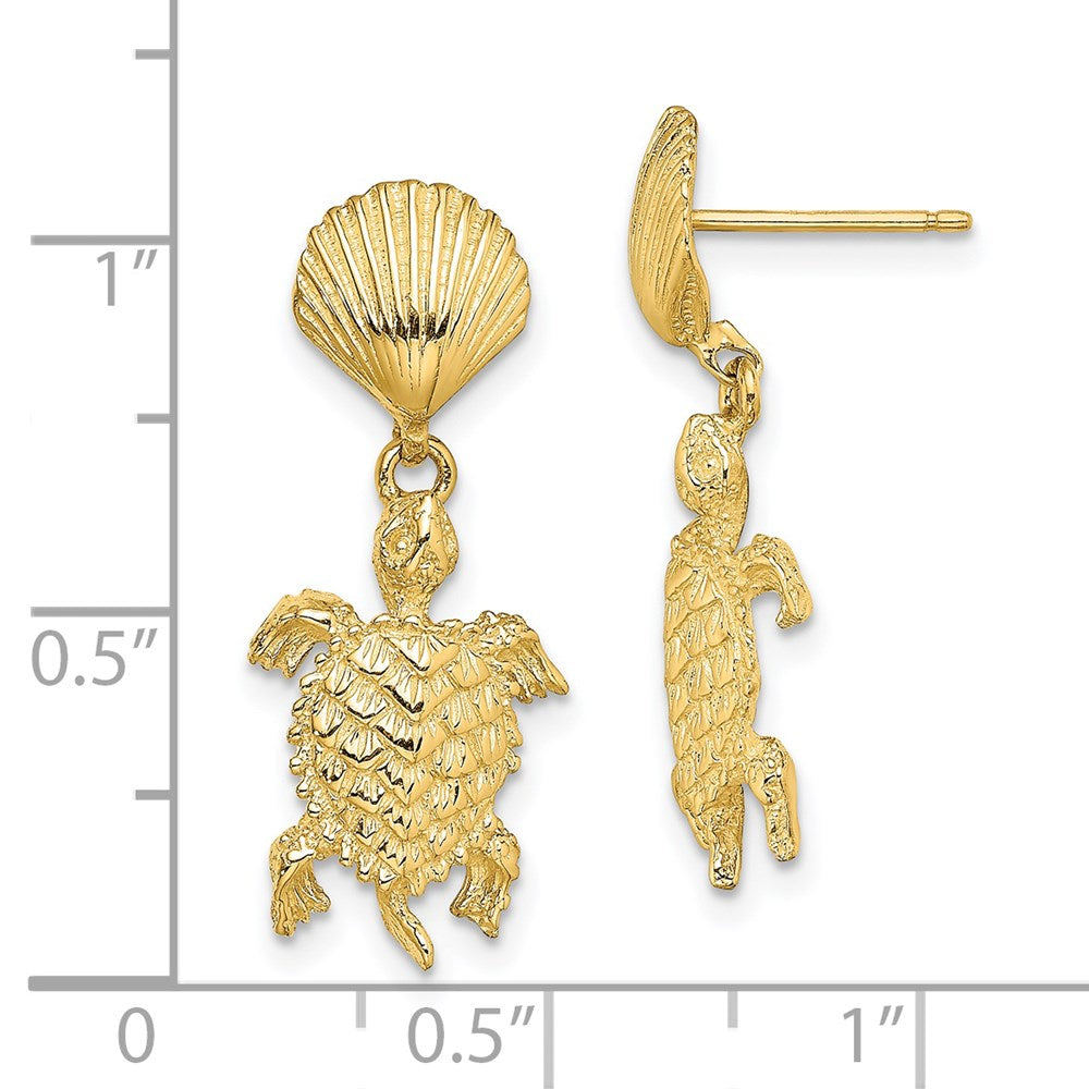 14K Yellow Gold Shell and Sea Turtle Dangle Earrings