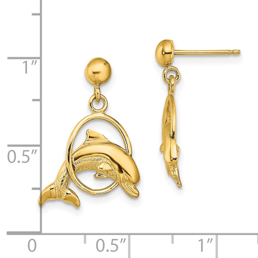 14K Yellow Gold 2D Polished Dolphin Jumping Through Hoop Earrings