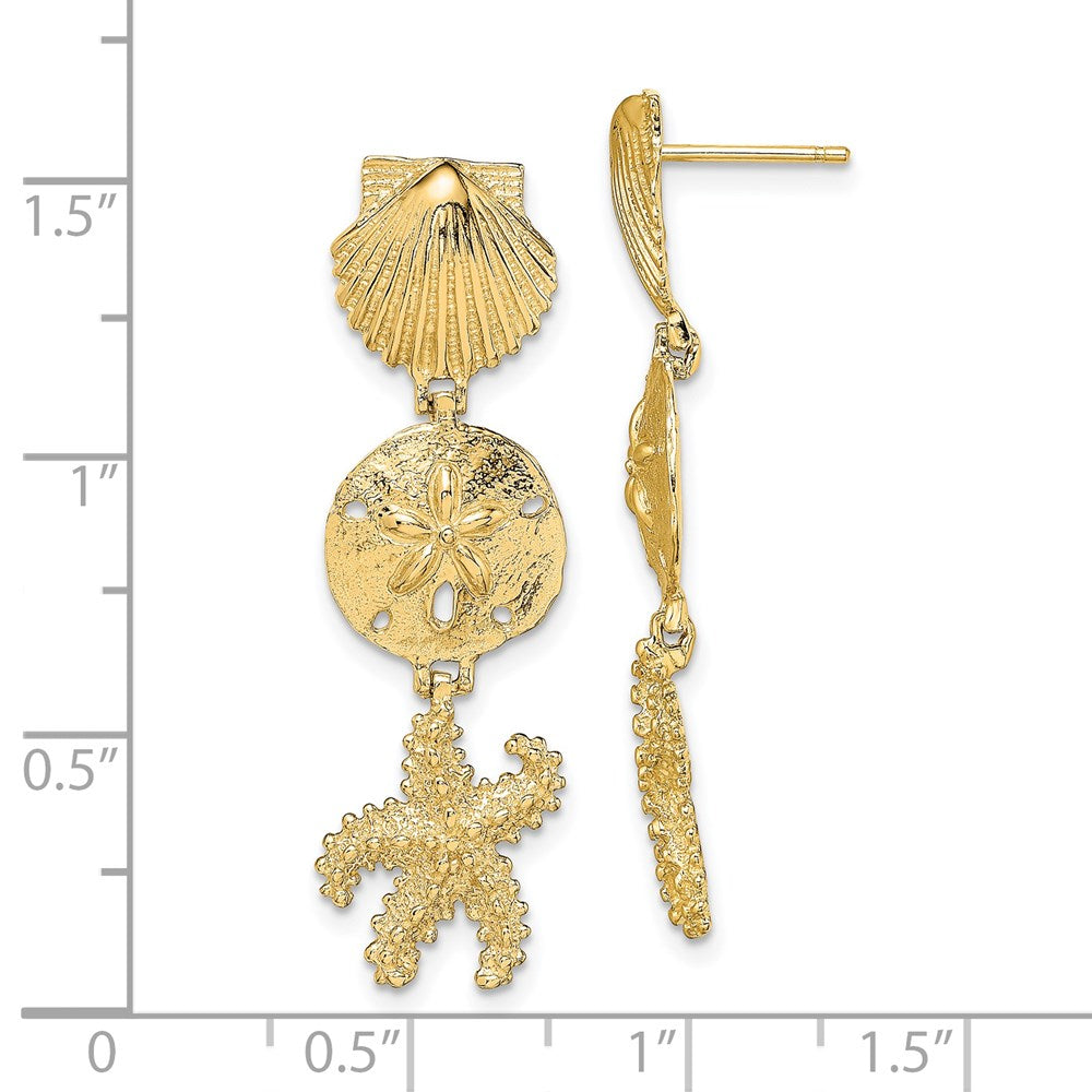 14K Yellow Gold Shell, Sand Dollar & Starfish Post Dangle Earrings