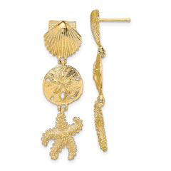14K Yellow Gold Shell, Sand Dollar & Starfish Post Dangle Earrings