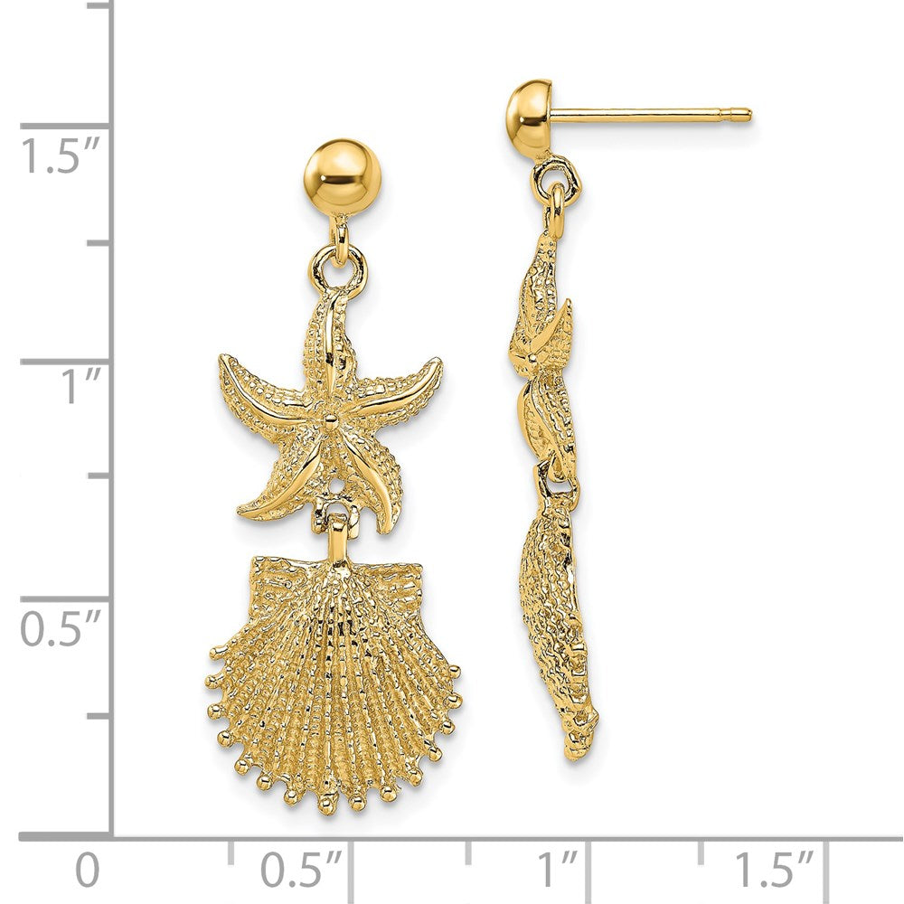 14K Yellow Gold Starfish Scallop Shell Dangle Earrings