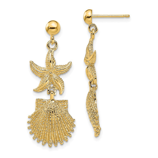 14K Yellow Gold Starfish Scallop Shell Dangle Earrings