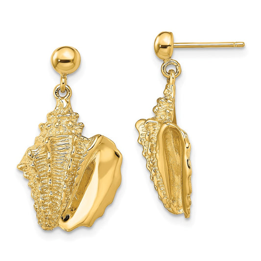 14K Yellow Gold 2D Conch Shell Dangle Post Earrings