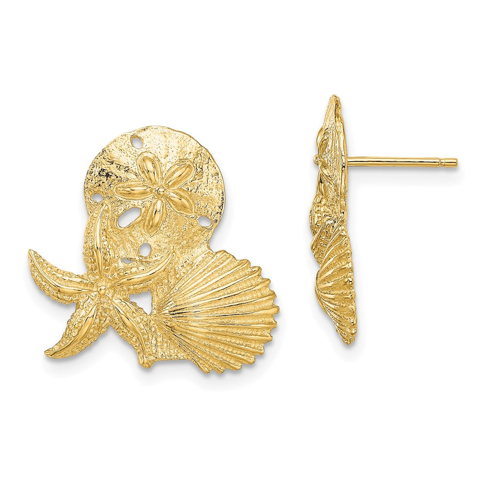 14K Yellow Gold Sand Dollar, Starfish & Scallop Cluster Post Earrings