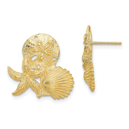 14K Yellow Gold Sand Dollar, Starfish & Scallop Cluster Post Earrings
