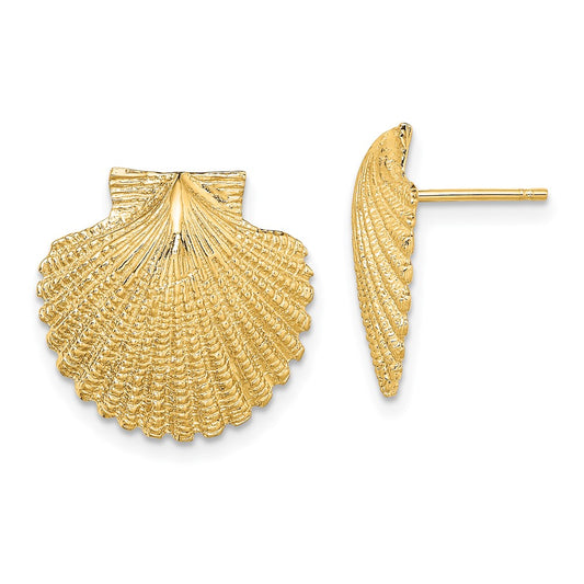 14K Yellow Gold 2D Textured Scallop Shell Post Earrings
