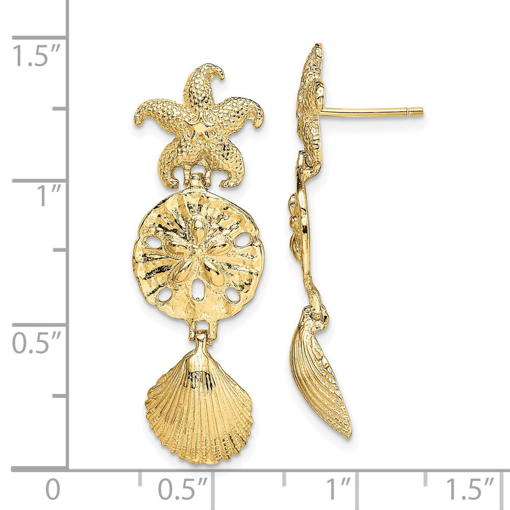 14K Yellow Gold Diamond-cut Starfish, Shell ,Sand Dollar Dangle Earrings